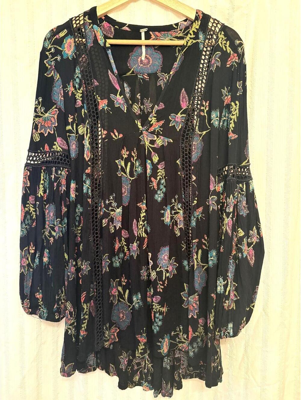 Free People Black Floral Tunic Dress XS Beach Coverup #vacation #resortwear